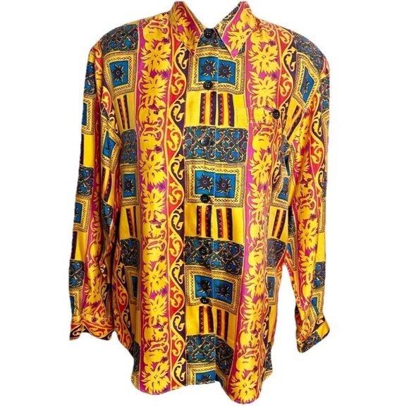 Vintage 90s Silk House   Button Up Shirt‎ Loud Luxury Retro Opulent Small - Picture 1 of 4